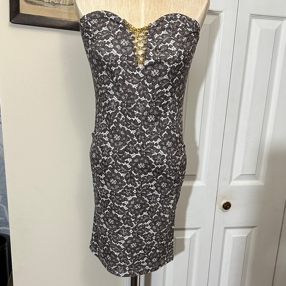 Lumiere Brown and White Strapless Lace Print Dress